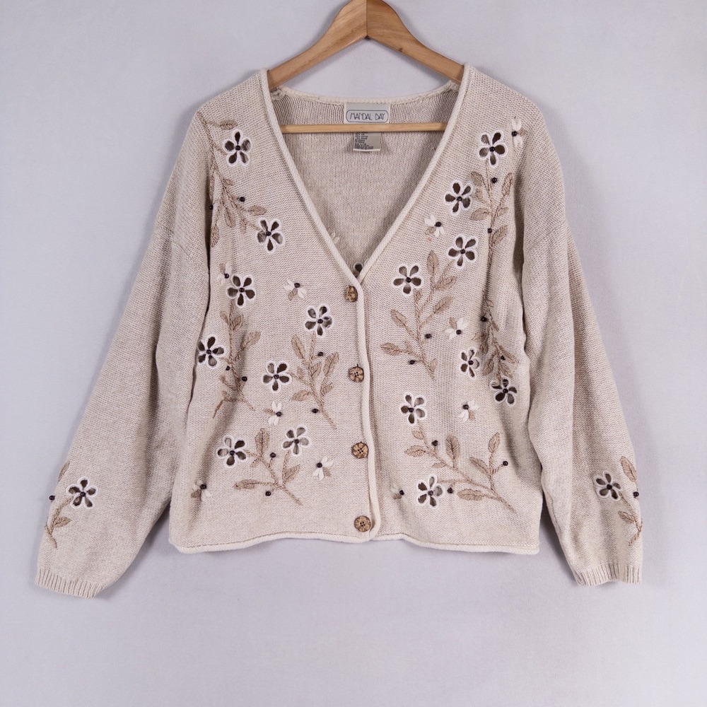 Vtg Mandal Bay Cardigan Women Large Beige Floral Embroidered Eyelet Cottage Folk